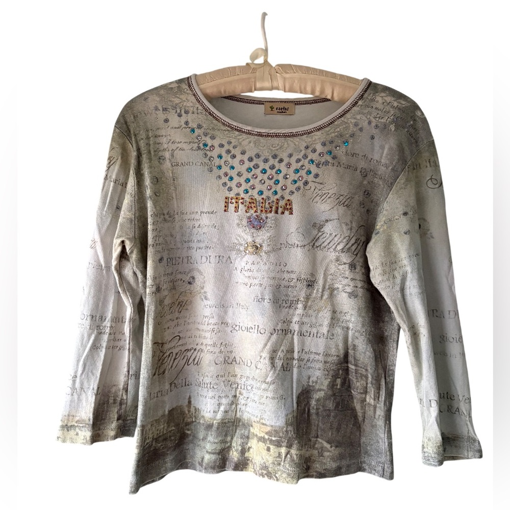 Y2K Cactus Italy Graphic Gemstone 3/4 Sleeve Top Size Medium